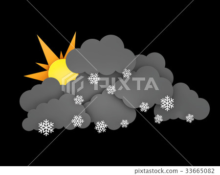 3d illustration of Snowflakes, Rainclouds and Sun 3d illustration of Snowflakes, Rainclouds and Sun 33665082