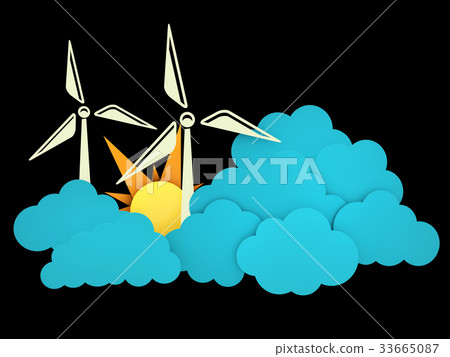 3d illustration of Sun, Windmill, and Cloud flat 33665087