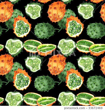 Exotic kiwano wild fruit pattern in a watercolor Exotic kiwano wild fruit pattern in a watercolor 33672469
