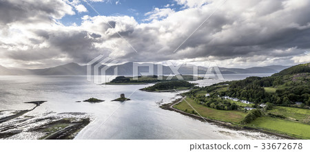 Aerial view of Loch Laich with the historic castle Aerial view of Loch Laich with the historic castle 33672678