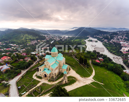 Aerial view of Bagrati Cathedral in Kutaisi center Aerial view of Bagrati Cathedral in Kutaisi center 33672685