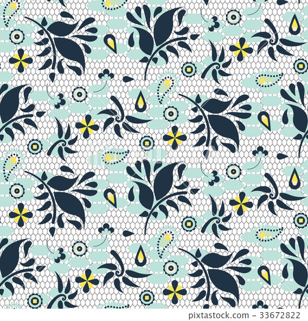 Floral lace blue mesh vector seamless pattern. 33672822