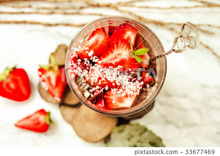 Chocolate pudding,strawberry. Valentine's dessert 33677469