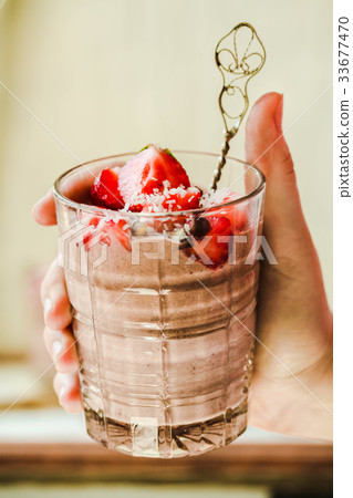 Chocolate pudding,strawberry. Valentine's dessert 33677470
