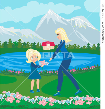 Mother and daughter walking in garden Mother and daughter walking in garden 33679106