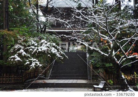 Snow scene and colored leaves in front of Kita Kamakura Engakuji Temple gate 33679280