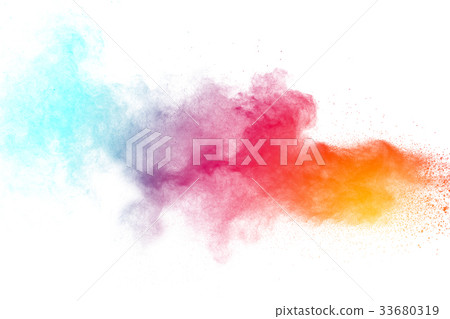 Multicolored powder explosion on white background. 33680319