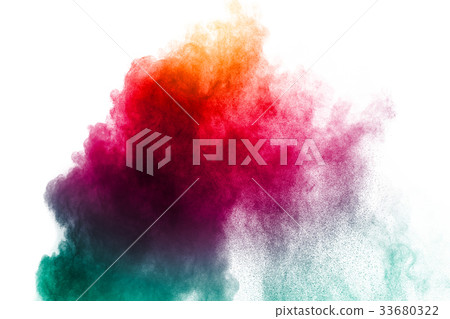 Multicolored powder explosion on white background. Multicolored powder explosion on white background. 33680322