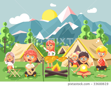 hildren boy sings playing guitar with girl scouts 33680619