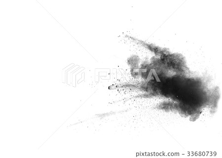 Black powder explosion against white background. 33680739