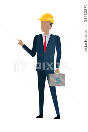 Man in Black Suit and Yellow Helmet. Bag of Money 33680872