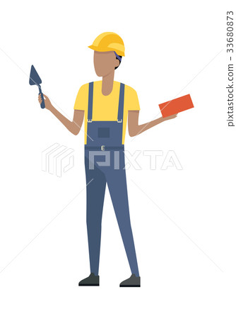 Builder in Helmet and Blue Uniform. Brick. Trowel 33680873