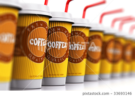 Row of plastic or paper coffee cups with straws 33693146