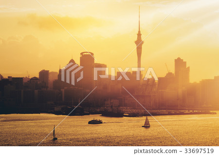 Golden sunset at Auckland city, New Zealand. 33697519