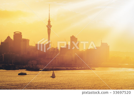 Golden sunset at Auckland city, New Zealand. 33697520