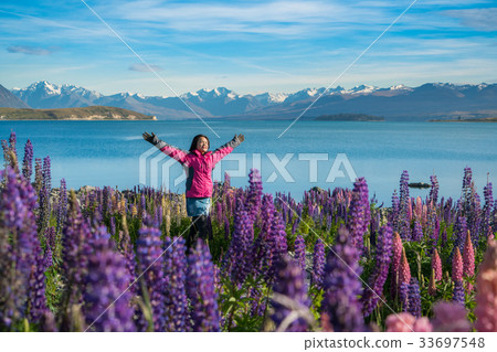 Tourist woman at lake Tekapo, New Zealand 33697548