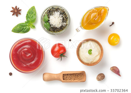 set of dip sauces in bowl on white 33702364