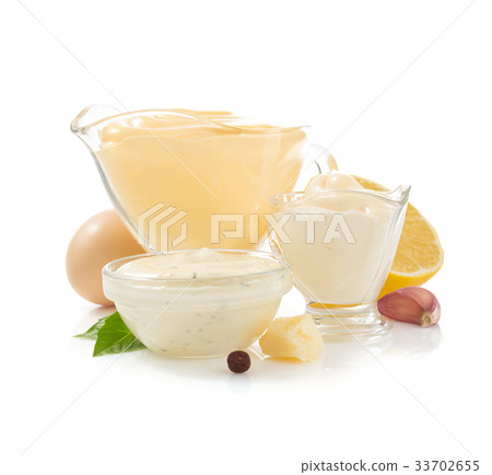 variety of mayonnaise sauce on white variety of mayonnaise sauce on white 33702655