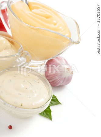 variety of mayonnaise sauce on white variety of mayonnaise sauce on white 33702657