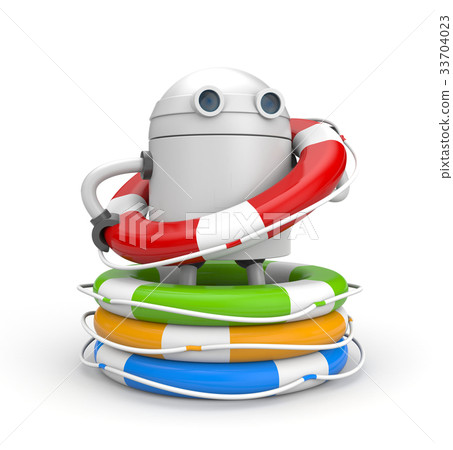 Robot with heap of life buoys. 3d illustration Robot with heap of life buoys. 3d illustration 33704023