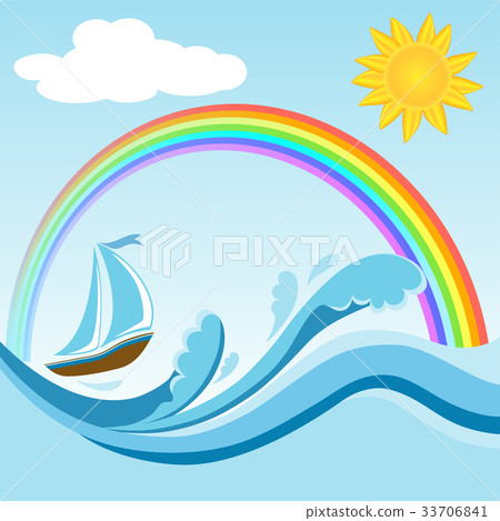 Sailboat on sea waves with rainbow Sailboat on sea waves with rainbow 33706841
