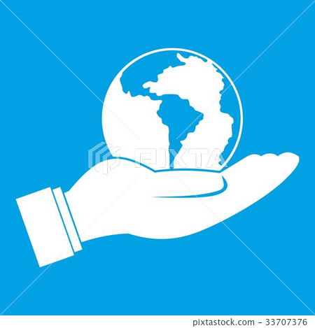 World planet in man hand icon white 33707376