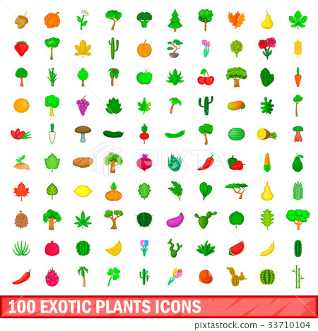 100 exotic plants icons set, cartoon style 33710104