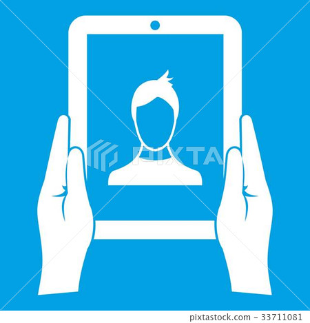 Hands holding a tablet with photo icon white - Stock Illustration ...