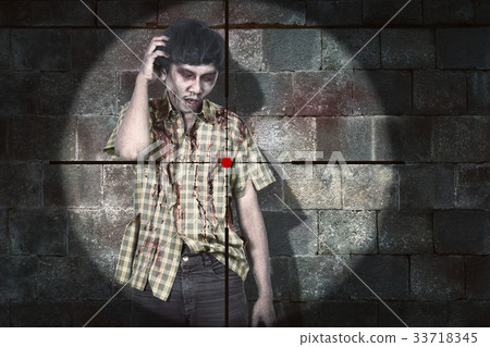 Weapon aiming to shooting bloody asian zombie man Weapon aiming to shooting bloody asian zombie man 33718345