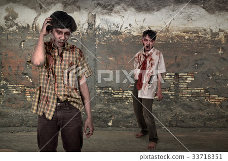 Horrible two asian zombies with blood standing Horrible two asian zombies with blood standing 33718351