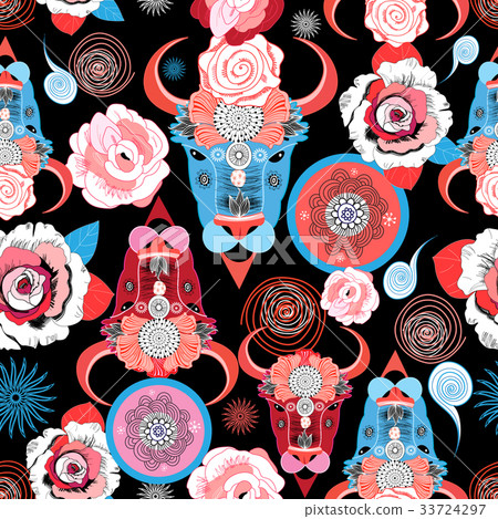 Beautiful vector pattern of portraits of bulls  33724297