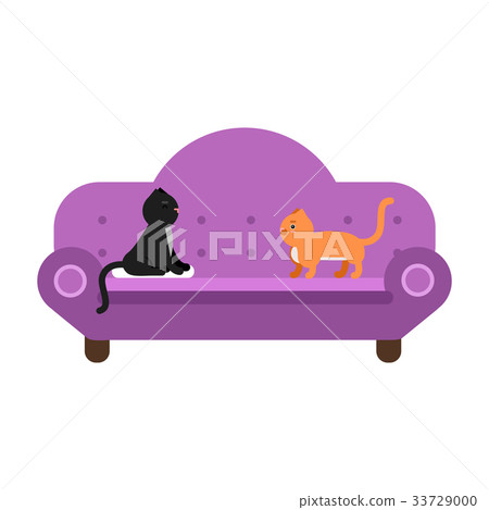 Cute black and red cats sitting on a purple sofa Cute black and red cats sitting on a purple sofa 33729000