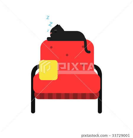 Cute black cat sleeping on a red armchair, home 33729001
