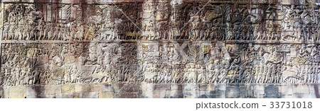 Panorama of bas relief at ancient Bayon temple 33731018