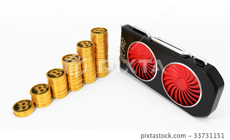 video card and golden bitcoin coins. 3d video card and golden bitcoin coins. 3d 33731151