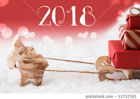 Reindeer With Sled, Red Background, Text 2018 33732591