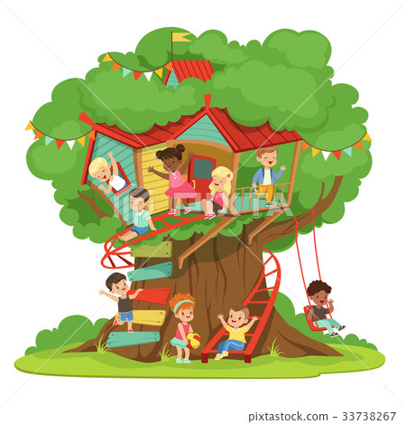 Children playing and having fun in the treehouse - Stock Illustration ...