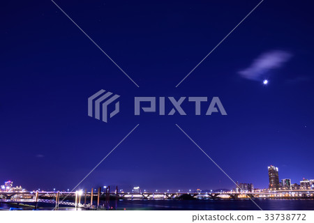 夜景 夜晚 天空 台北 台灣 河 星星 月亮 夜空 星空 藍天 淡水河 大稻埕 建築 大樓 下弦月 33738772