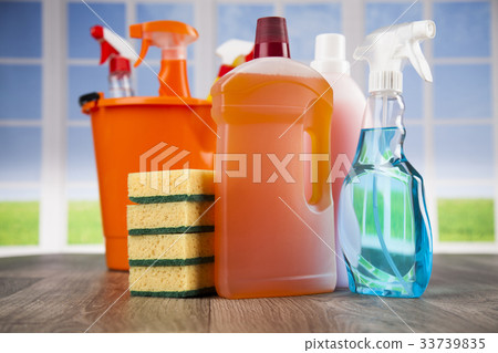 House cleaning product on wood table and window House cleaning product on wood table and window 33739835