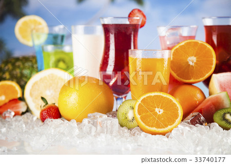 Summer drink,palm branch and Fresh tropical fruits Summer drink,palm branch and Fresh tropical fruits 33740177