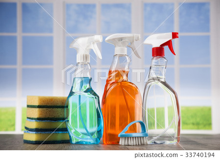 House cleaning product on wood table and window House cleaning product on wood table and window 33740194