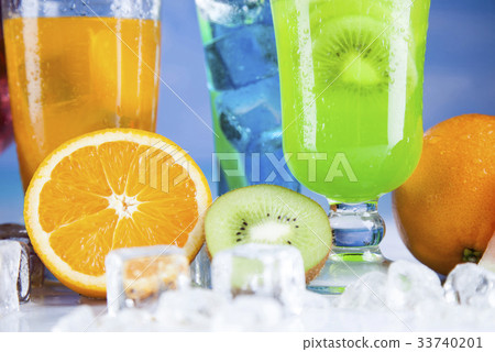 Summer drink,palm branch and Fresh tropical fruits 33740201