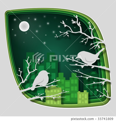 Paper art carve to bird on tree branch in forest 33741809