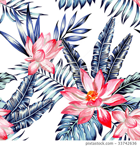 pink lotus and blue palm leaves seamless 33742636