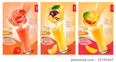 Set of labels of of fruit in juice splashes.  33745407
