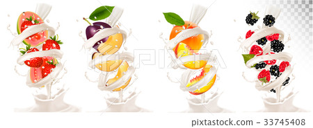 Big collection of fruit in a milk splash. Big collection of fruit in a milk splash. 33745408