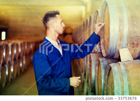 Young man in coat taking notes on wine factory 33753678