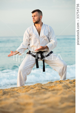 Handsome male practising karate kata poses 33754736