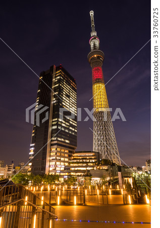 [Tokyo night view] Tokyo Sky Tree Oshiage station square bicycle parking lot Belgium flag 33760725