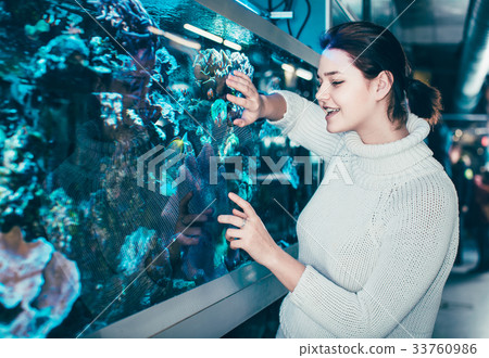 teenager looking at colored tropical fishes and underwater rocks into big aquarium teenager looking at colored tropical fishes and underwater rocks into big aquarium 33760986